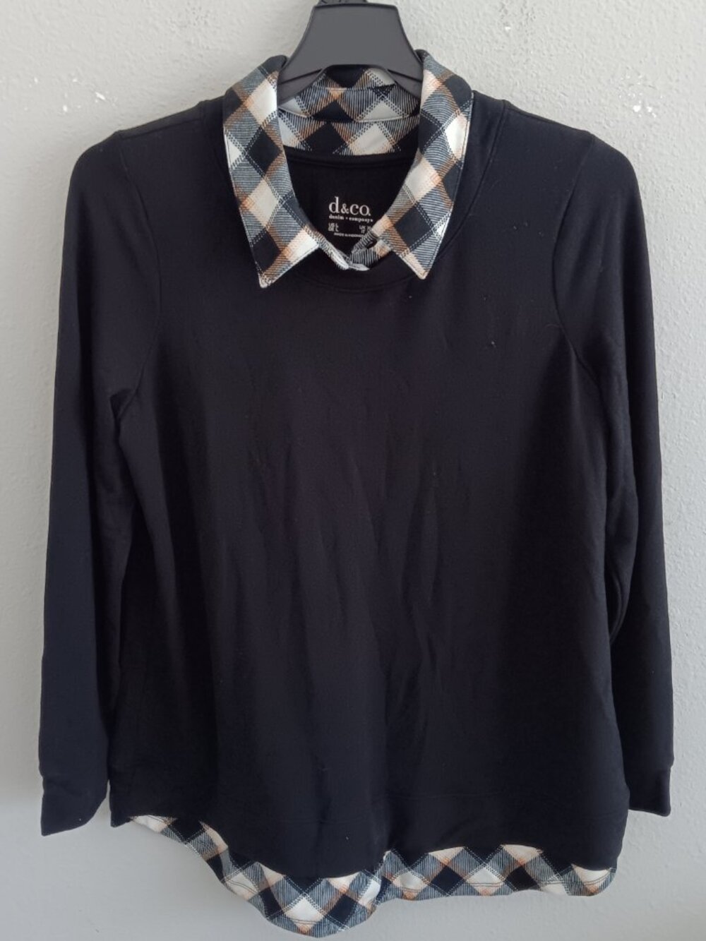 Denim & Co. Heavenly Jersey Solid/Plaid Long Sleeve 2fer Top, Black Sz L a673723 - Picture 2 of 3
